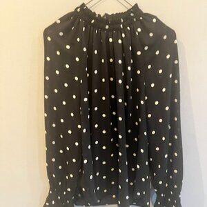 LOFT Ruffle Neck Dotted Blouse with Long Sleeve Bell Cuff, Size M